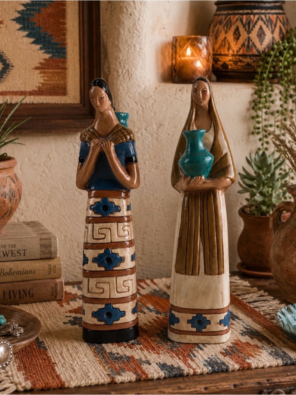 Vintage Pair Of Native American Navajo Maiden Sculptures Signed Jeanne